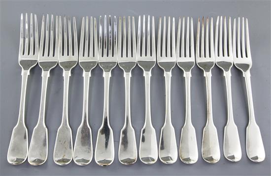 A set of twelve George IV silver fiddle pattern table forks, Length: 202 mm. Weight 25.5oz/808 grms